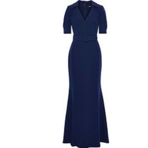 Badgley Mischka, Dark Sapphire, Wrap-effect belted stretch-crepe gown